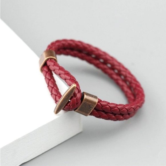 Peaks Jewelry Other - Jamesyn Copper Anchor Mens 2 Layer Rope Leather Bracelet Dark Red Gift Boxed